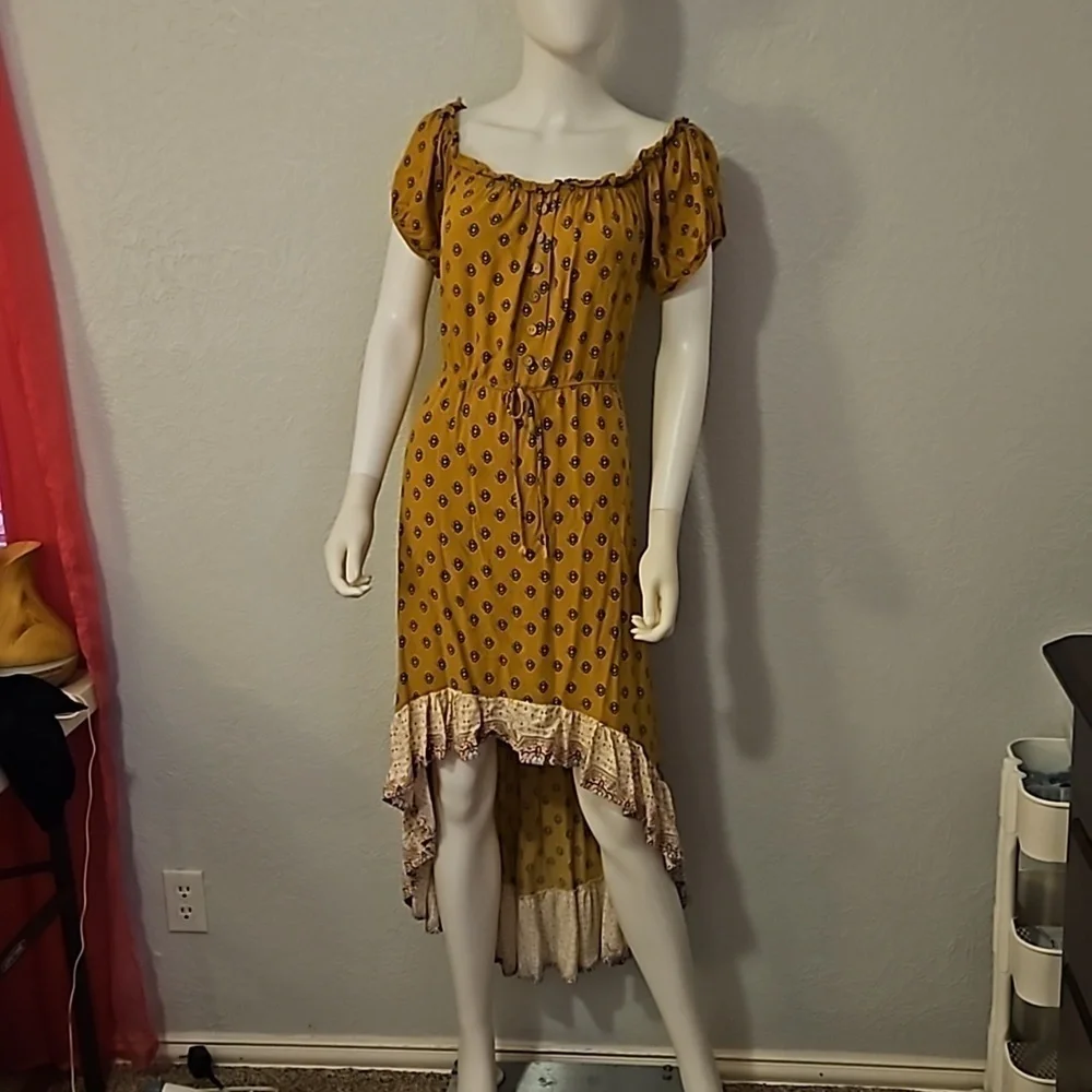 VTG Y2k Mustard Floral Ruffle Off Shoulder High-Low Prairie Boho Dress - Picture 3 of 8